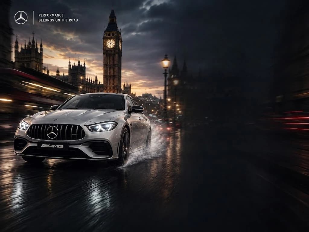 Mercedes-AMG driving through London at dusk