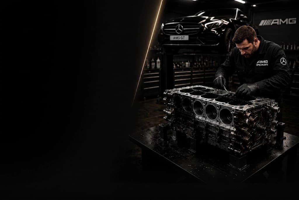 Mercedes technician rebuilding a AMG GT 53 engine block