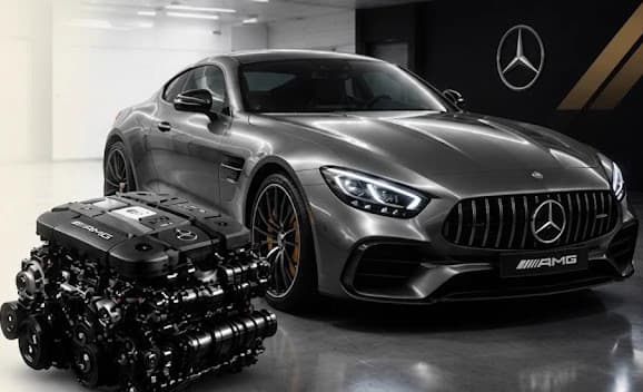 Mercedes AMG GT 53 engine and sedan