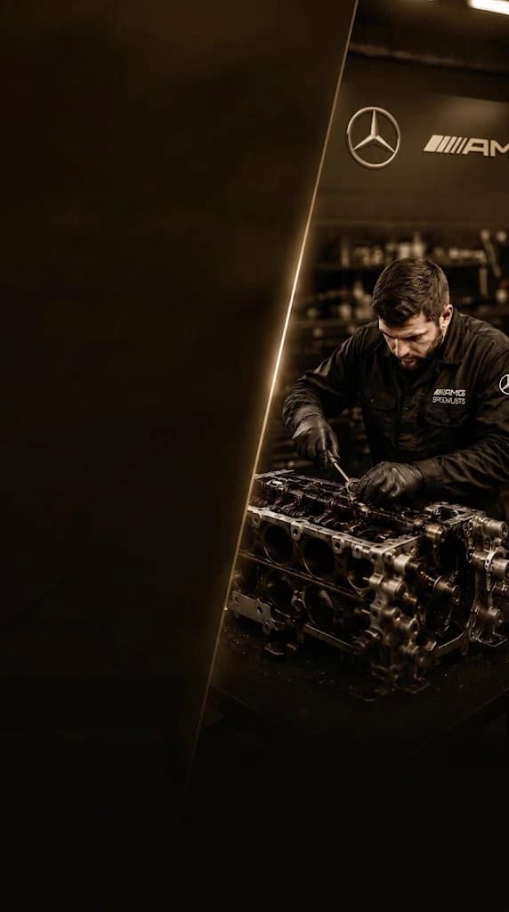 Mercedes technician rebuilding a AMG GT 53 engine block