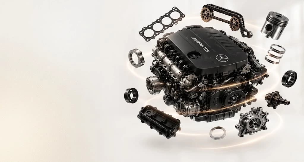 Mercedes-AMG M139 exploded engine components