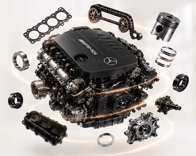 Mercedes-AMG M139 exploded engine components