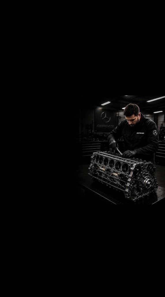 Mercedes-AMG technician rebuilding an M139 engine block