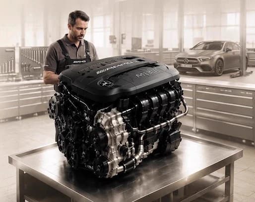 Mercedes-AMG M139 engine on workshop stand