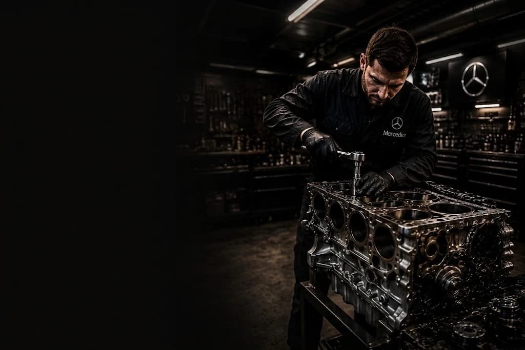 Mercedes technician rebuilding an engine block