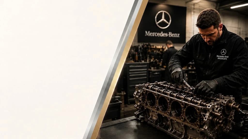 Mercedes technician rebuilding an engine block