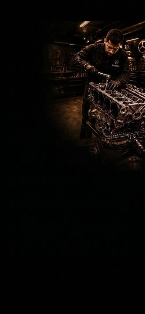 Mercedes technician rebuilding an engine block